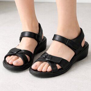 ECCO Womens‎ 40 US 9 Comfort Wedge Sandal Black Leather Adjustable Straps